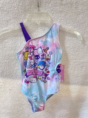 Girl’s Hello Kitty & Friends One-Shoulder Swimsuit in Pastel Tie-Dye